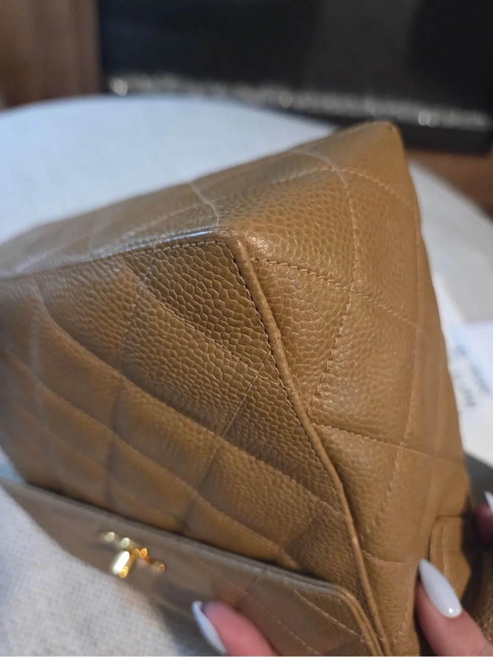 Rare Chanel sand beige caviar leather straight flap shoulder bag 24k gold - Picture 15 of 17